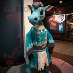 Teal Okapi mascot costume character dressed with a Dress and Shawls