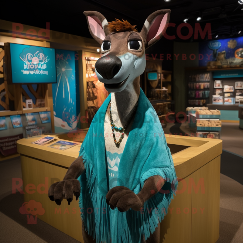 Teal Okapi mascot costume character dressed with a Dress and Shawls Teal Okapi mascot costume character dressed with a Dress and Shawls