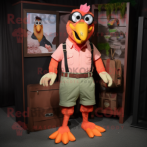 Peach Tandoori Chicken mascot costume character dressed with a Cargo Shorts and Suspenders