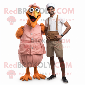 Peach Tandoori Chicken mascot costume character dressed with a Cargo Shorts and Suspenders
