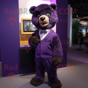 Purple Spectacled Bear mascot costume character dressed with a Romper and Pocket squares