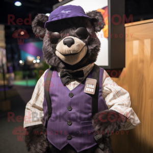 Purple Spectacled Bear mascot costume character dressed with a Romper and Pocket squares