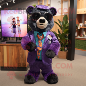 Purple Spectacled Bear mascot costume character dressed with a Romper and Pocket squares