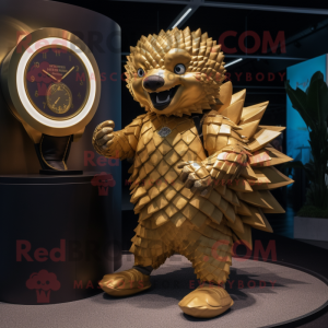 Gold Pangolin mascot costume character dressed with a Shorts and Watches