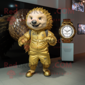 Gold Pangolin mascot costume character dressed with a Shorts and Watches