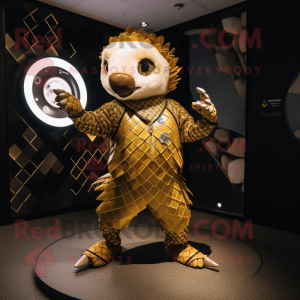 Gold Pangolin mascot costume character dressed with a Shorts and Watches