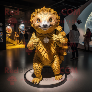 Gold Pangolin mascot costume character dressed with a Shorts and Watches