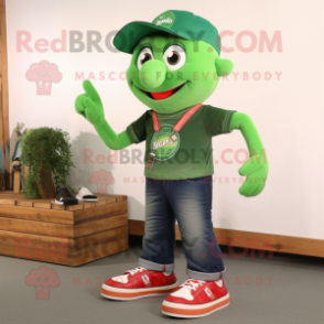 Forest Green Plate Spinner mascot costume character dressed with a Jeans and Shoe laces