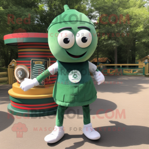 Forest Green Plate Spinner mascot costume character dressed with a Jeans and Shoe laces