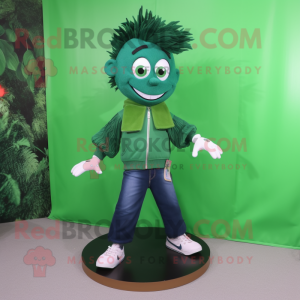 Forest Green Plate Spinner mascot costume character dressed with a Jeans and Shoe laces
