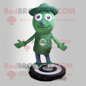 Forest Green Plate Spinner mascot costume character dressed with a Jeans and Shoe laces