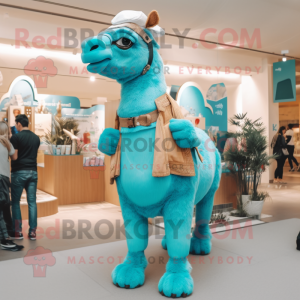 Turquoise Camel mascot costume character dressed with a Boyfriend Jeans and Gloves