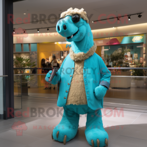 Turquoise Camel mascot costume character dressed with a Boyfriend Jeans and Gloves