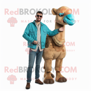 Turquoise Camel mascot costume character dressed with a Boyfriend Jeans and Gloves