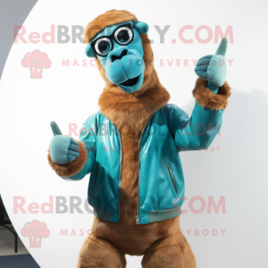 Turquoise Camel mascot costume character dressed with a Boyfriend Jeans and Gloves
