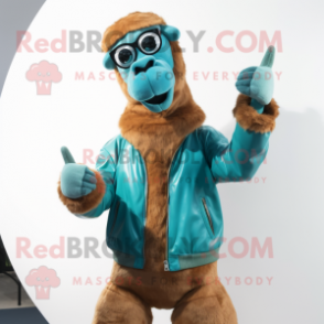 Turquoise Camel mascot costume character dressed with a Boyfriend Jeans and Gloves