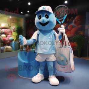 Sky Blue Tennis Racket mascot costume character dressed with a Cargo Pants and Keychains