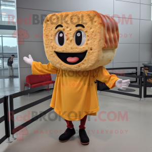 Rust Grilled Cheese Sandwich mascot costume character dressed with a Hoodie and Caps