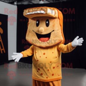 Rust Grilled Cheese Sandwich mascot costume character dressed with a Hoodie and Caps