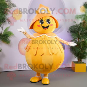 Gold Grapefruit mascot costume character dressed with a Circle Skirt and Belts