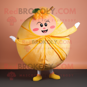 Gold Grapefruit mascot costume character dressed with a Circle Skirt and Belts