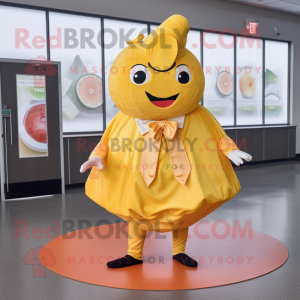Gold Grapefruit mascot costume character dressed with a Circle Skirt and Belts