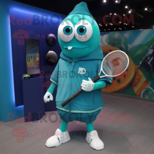 Teal Tennis Racket mascot costume character dressed with a Cover-up and Digital watches