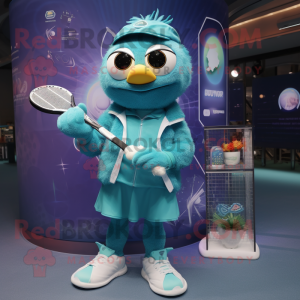 Teal Tennis Racket mascot costume character dressed with a Cover-up and Digital watches