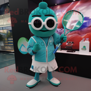 Teal Tennis Racket mascot costume character dressed with a Cover-up and Digital watches