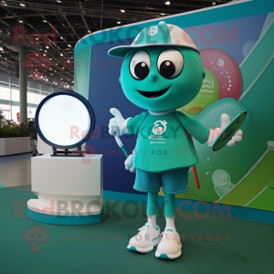 Teal Tennis Racket mascot costume character dressed with a Cover-up and Digital watches