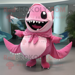 Pink Shark mascot costume character dressed with a Circle Skirt and Scarves