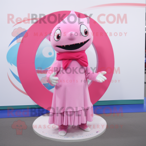 Pink Shark mascot costume character dressed with a Circle Skirt and Scarves