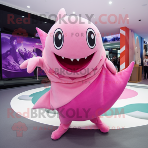 Pink Shark mascot costume character dressed with a Circle Skirt and Scarves