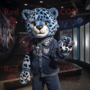 Navy Leopard mascot costume character dressed with a Boyfriend Jeans and Brooches