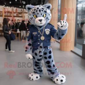 Navy Leopard mascot costume character dressed with a Boyfriend Jeans and Brooches