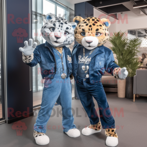 Navy Leopard mascot costume character dressed with a Boyfriend Jeans and Brooches