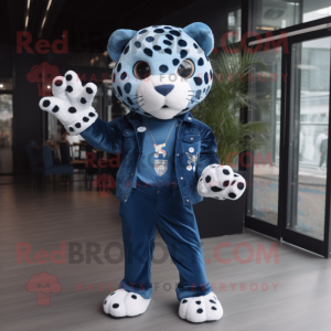 Navy Leopard mascot costume character dressed with a Boyfriend Jeans and Brooches