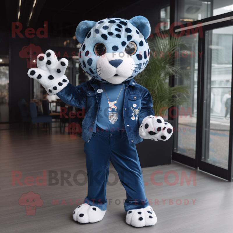 Navy Leopard mascot costume character dressed with a Boyfriend Jeans and Brooches Navy Leopard mascot costume character dressed with a Boyfriend Jeans and Brooches
