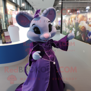 Purple Dormouse mascot costume character dressed with a Ball Gown and Tie pins