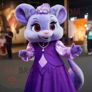 Purple Dormouse mascot costume character dressed with a Ball Gown and Tie pins