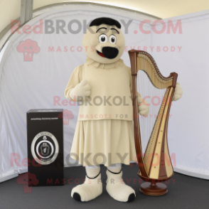 Cream Celtic Harp mascot costume character dressed with a Polo Shirt and Cummerbunds