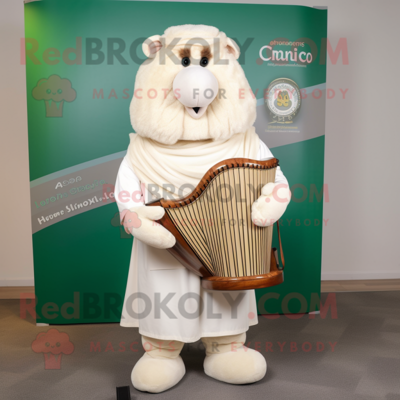 Cream Celtic Harp mascot costume character dressed with a Polo Shirt and Cummerbunds Cream Celtic Harp mascot costume character dressed with a Polo Shirt and Cummerbunds