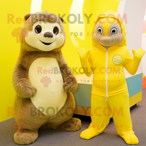 Lemon Yellow Marmot mascot costume character dressed with a Yoga Pants and Headbands