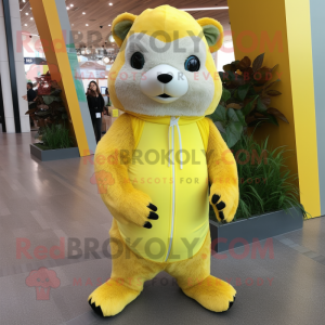 Lemon Yellow Marmot mascot costume character dressed with a Yoga Pants and Headbands