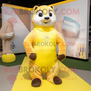 Lemon Yellow Marmot mascot costume character dressed with a Yoga Pants and Headbands