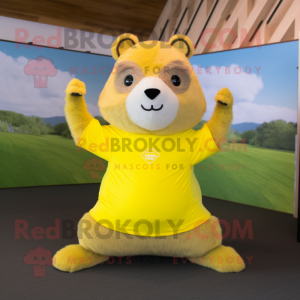 Lemon Yellow Marmot mascot costume character dressed with a Yoga Pants and Headbands