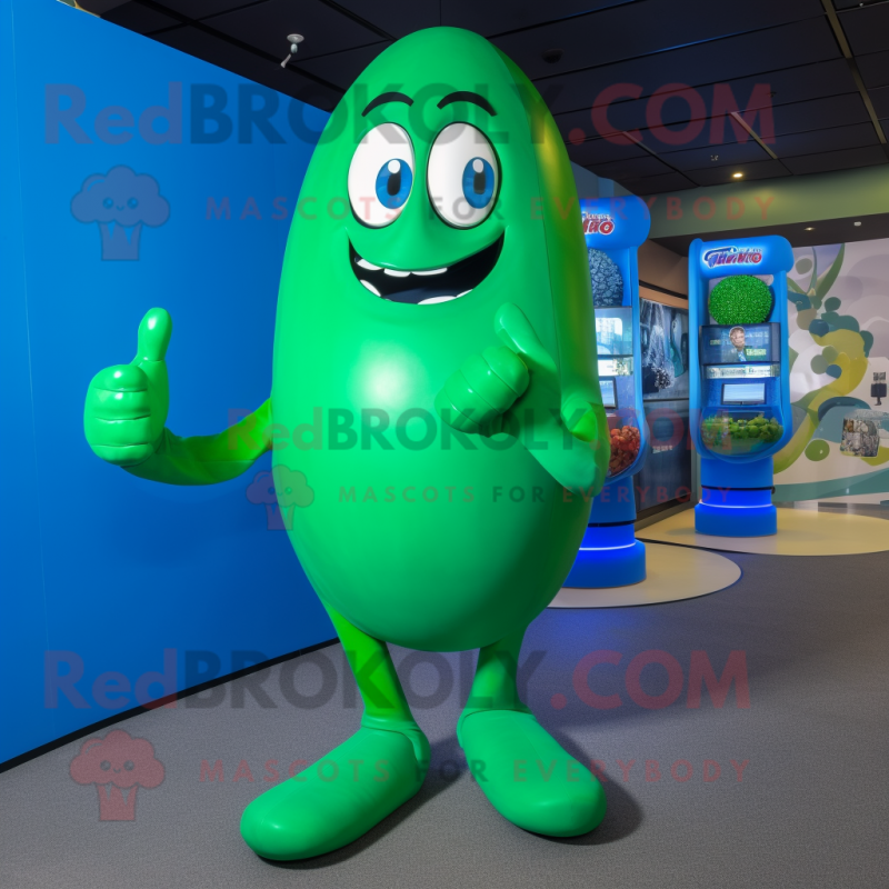 Blue Green Bean mascot costume character dressed with a Bikini and Bracelet watches