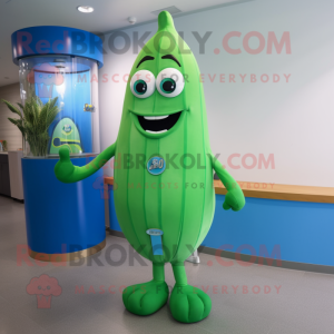 Blue Green Bean mascot costume character dressed with a Bikini and Bracelet watches