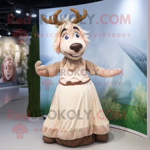 Beige Reindeer mascot costume character dressed with a Maxi Skirt and Hairpins