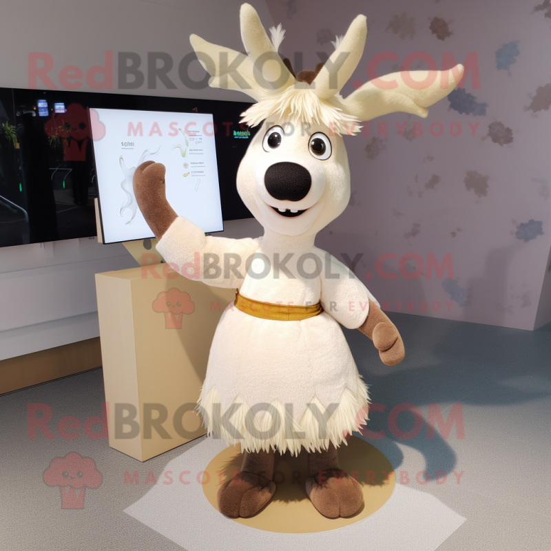 Beige Reindeer mascot costume character dressed with a Maxi Skirt and Hairpins